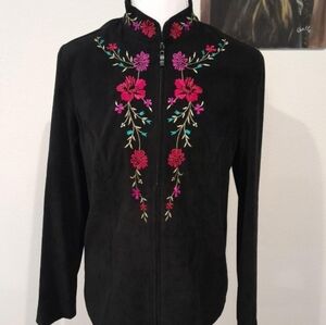 Vintage Notations Black Embroidered Floral Zip Up Jacket